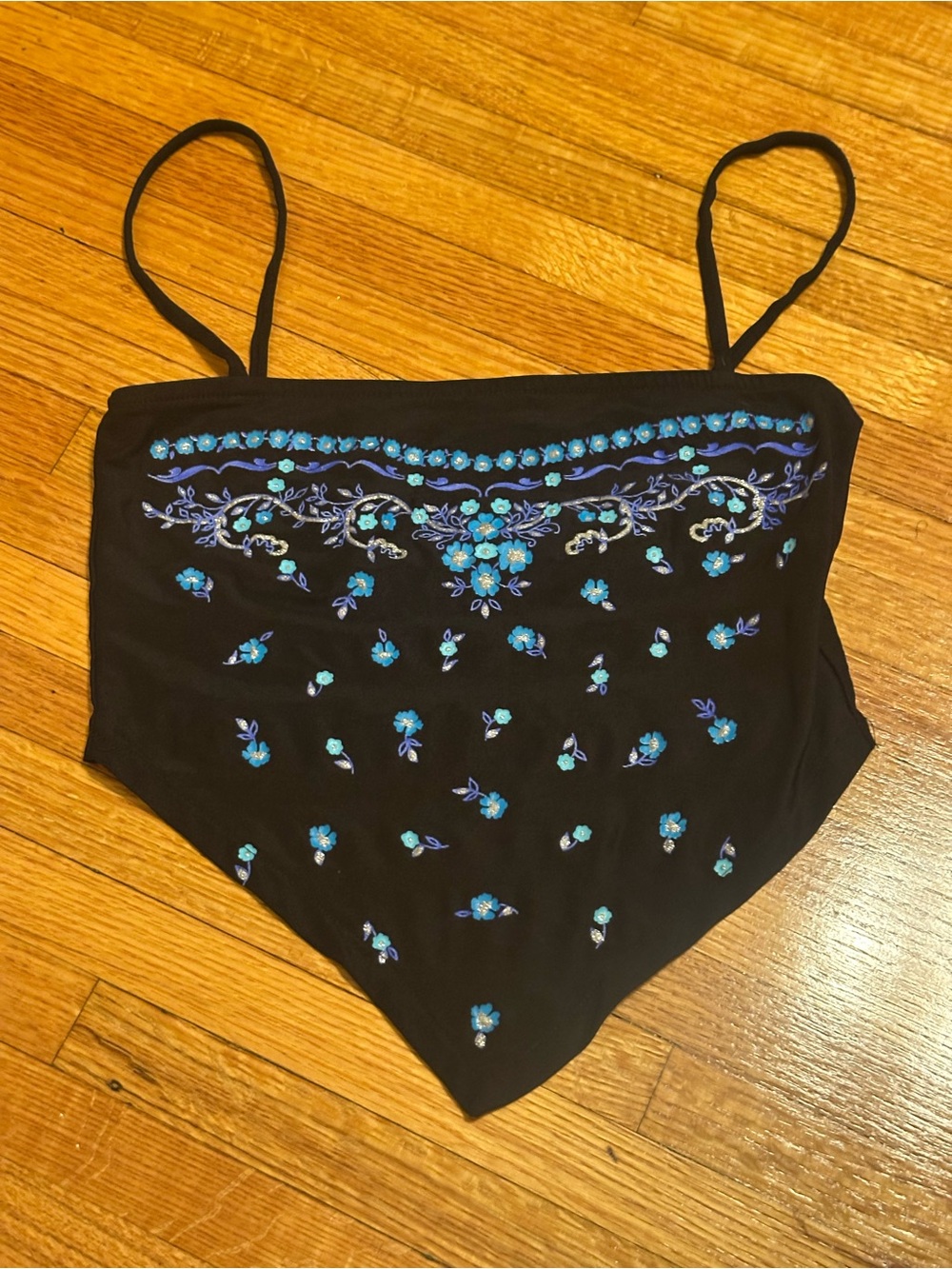 Vintage Black Floral Embroidered Top - Blue Accent